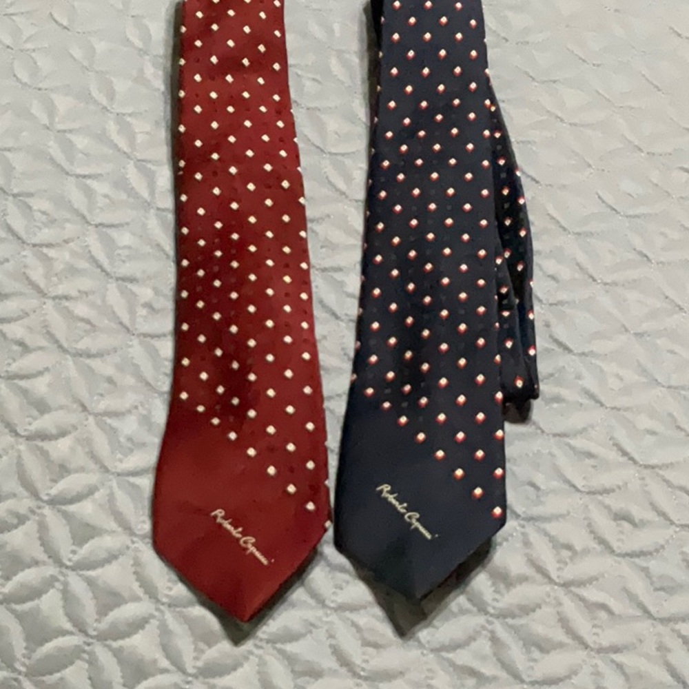 Roberto Capucci ties. Blue and red. Base width is 3 1/2 “.